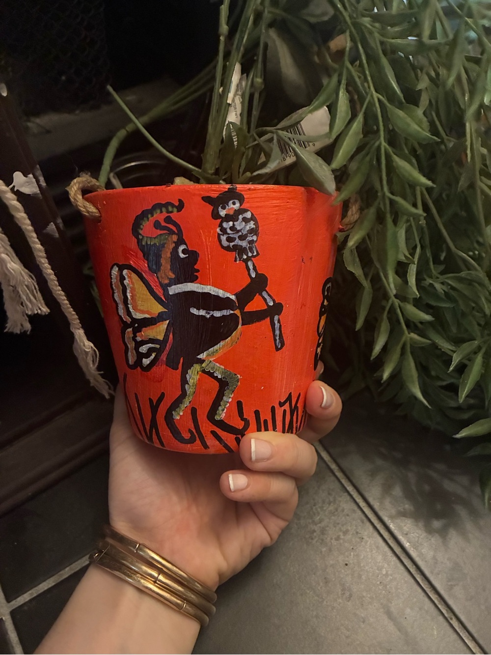 Hand-Painted Orange Hanging Plant Pot